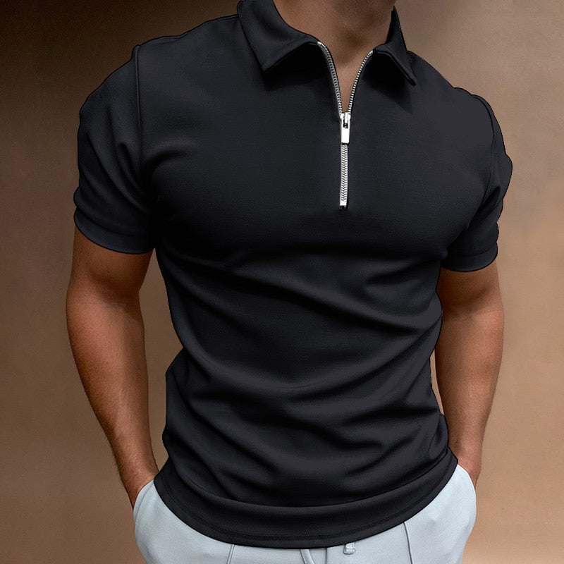 Polo classique pour homme avec fermeture éclair et coupe ajustée en design uni