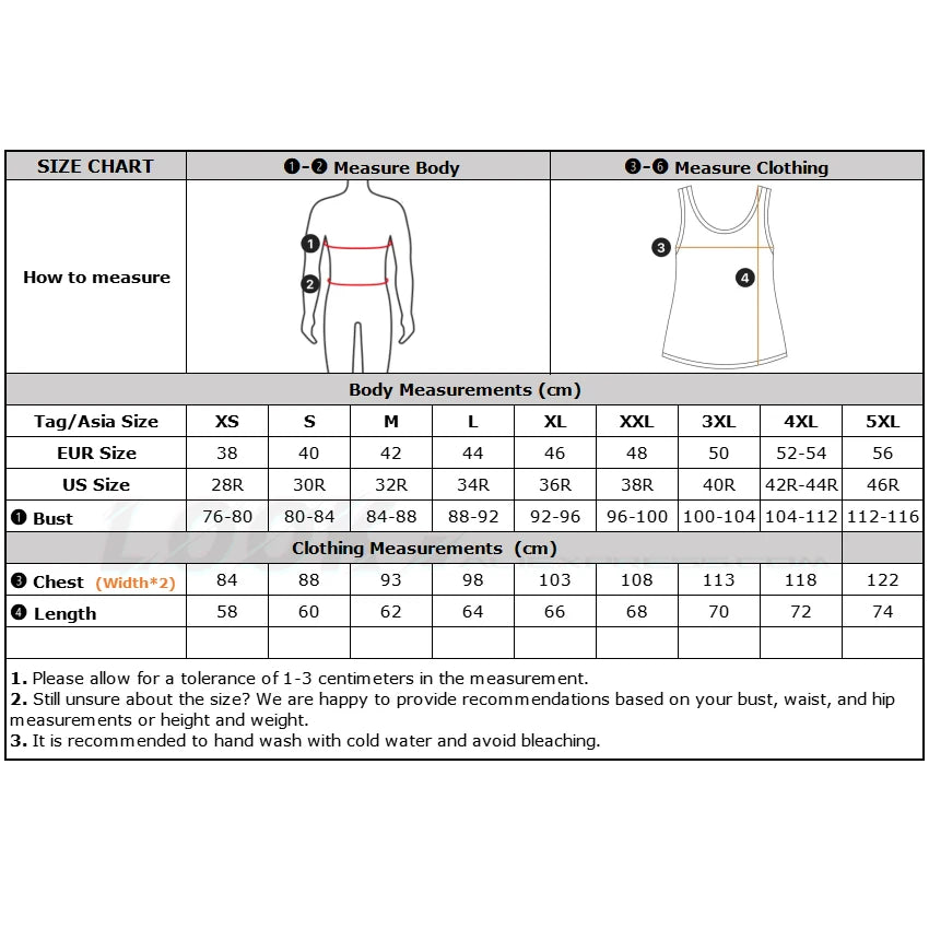Størrelsesguide for tøj med måleskema i cm. Inkluderer krops- og tøjmål for XS-5XL, EU-størrelser, bryst- og længdemål. Vejledning til korrekt måling.