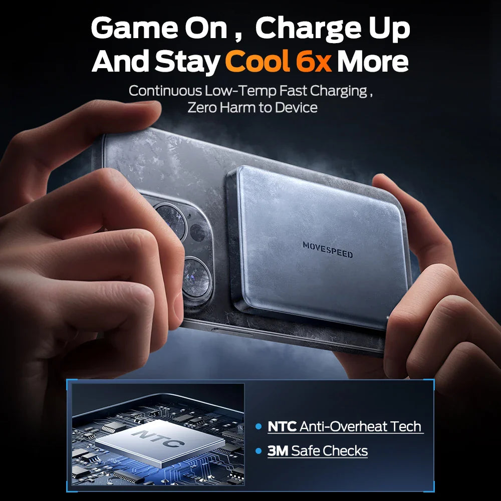 Smartphone med køleventilator, NTC anti-overophedningsteknologi, 3M sikkerhedstjek, hurtig opladning, gaming, lav temperatur, beskyttelse mod overophedning.