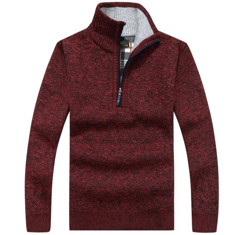 Bordeaux rød herresweater med lynlås, høj krave og meleret mønster. Varm og stilfuld trøje til efterår og vinter. Perfekt til casual brug.