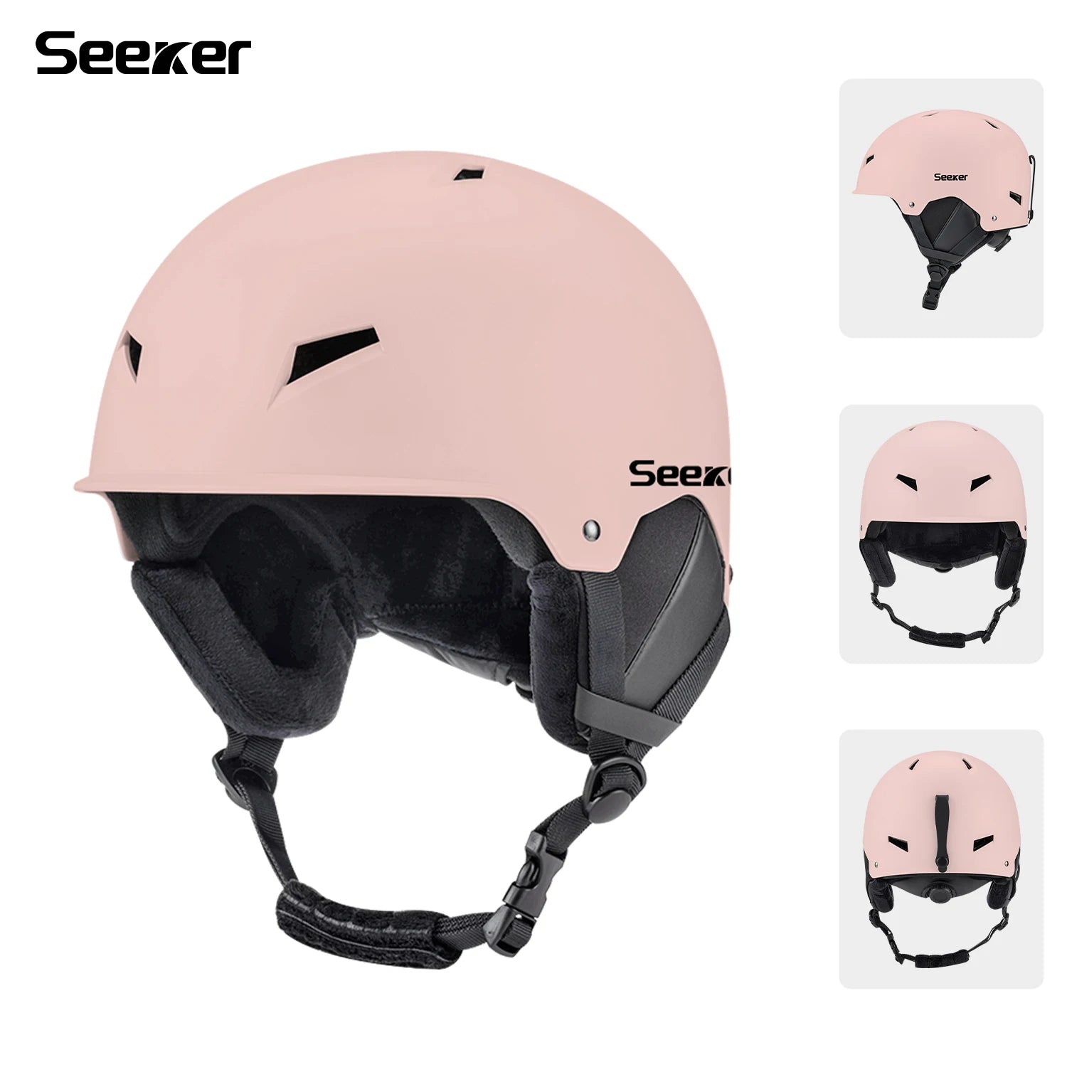 Lyserød Seeker skihjelm med justerbar rem og ventilation. Perfekt til vintersport. Sikkerhed og komfort i stilfuldt design. Fås i flere vinkler.