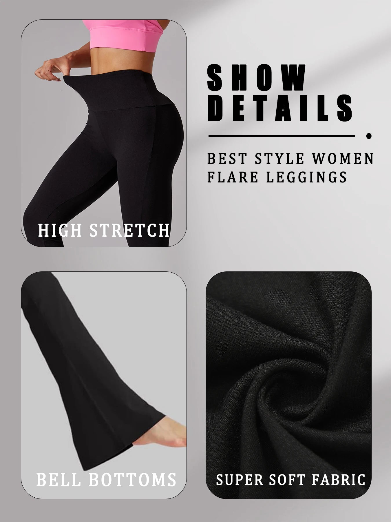 Dame flare leggings i sort med høj strækbarhed, klokkeformede bukseben og superblødt stof. Perfekt til komfort og stil.
