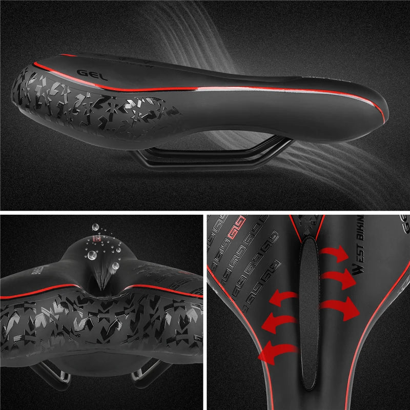 Sort cykelsadel med gelpolstring, ergonomisk design og ventilationskanal. Komfortabel og slidstærk, ideel til lange cykelture.