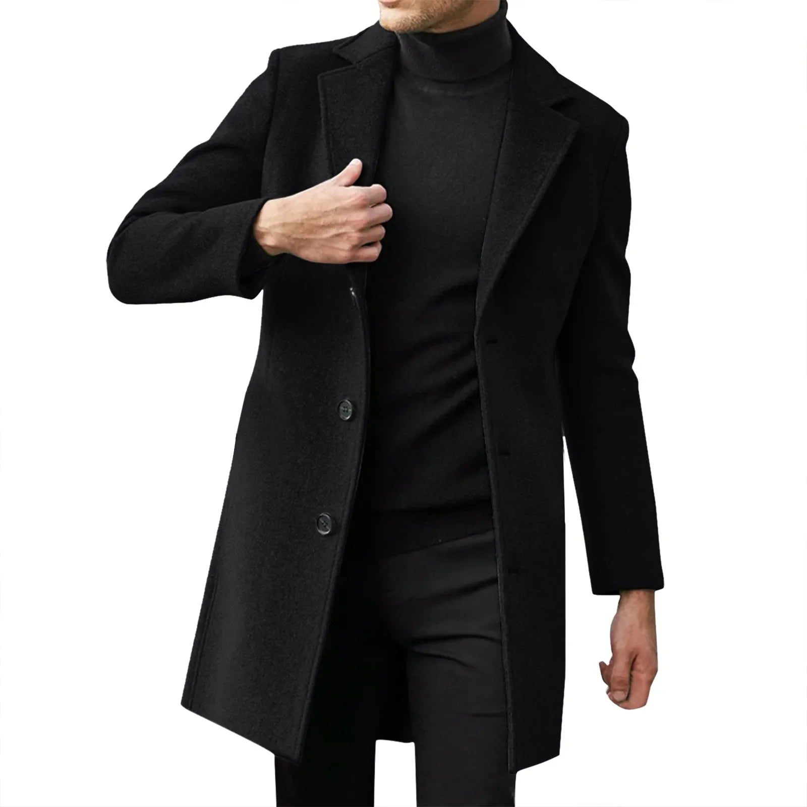 Sort herrefrakke i uld, klassisk design med tre knapper, bæres over sort turtleneck og bukser. Elegant vintermode til mænd.