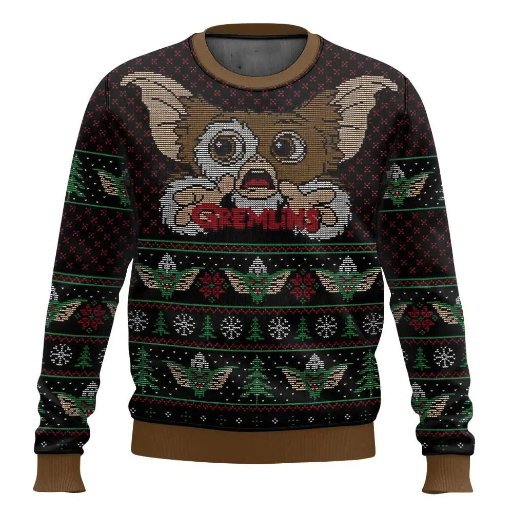Brun julesweater med Gremlins-motiv, featuring Gizmo og juletræer. Perfekt til jul, popkultur fans og retro filmelskere. Unisex design.