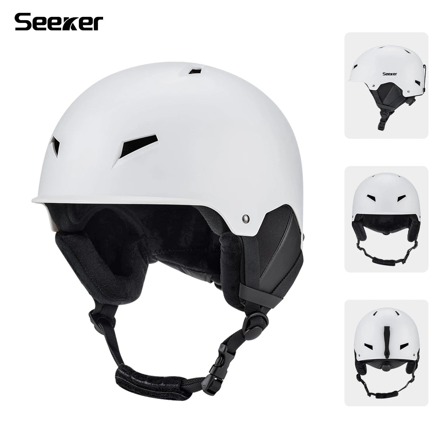Hvid Seeker skihjelm med justerbar rem, ventilationshuller og polstret indre. Perfekt til vintersport og sikkerhed på pisterne.