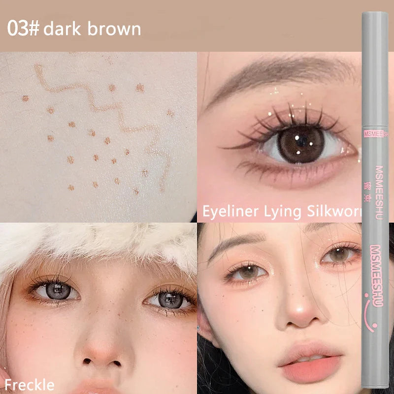 Makeup-kollage med eyeliner og fregner. Nærbillede af øje med brun eyeliner og fregner. Makeup-produkt i fokus. Skønhed, øjenmakeup, fregner.