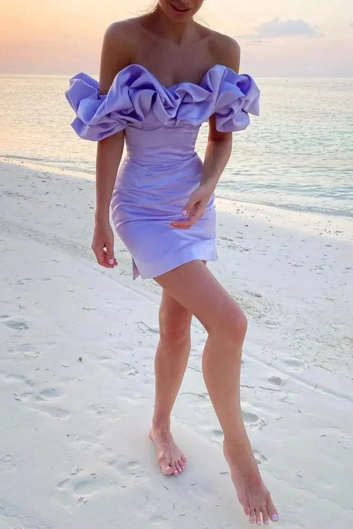 Φόρεμα Alina Mini από σατέν | Γυμνοί ώμοι & κομψά βολάν