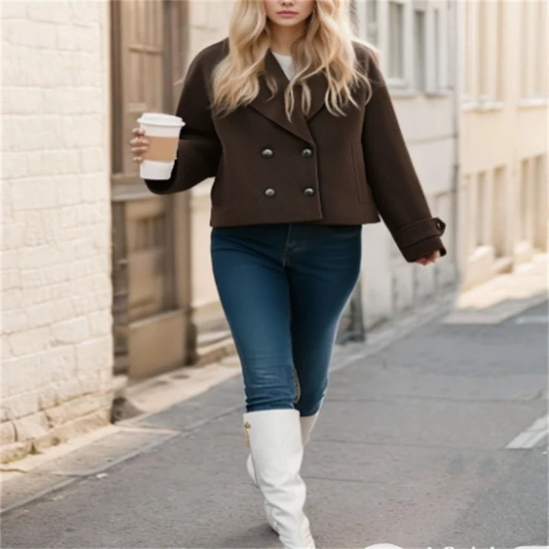 Ung kvinde i brunt jakke og blå jeans, går på gaden med en kaffekop i hånden. Mode, gadebillede, efterårstøj, hvide støvler.