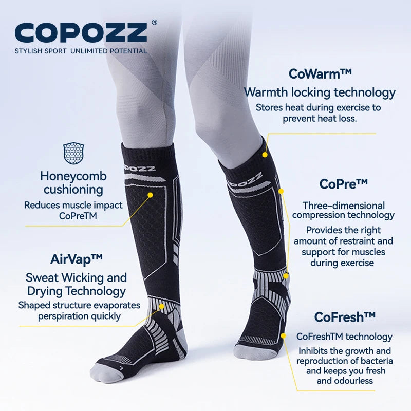 Copozz kompressionsstrømper med CoWarm™ teknologi, svedtransporterende AirVap™, og stødabsorberende honeycomb polstring. Ideel til sport og træning.