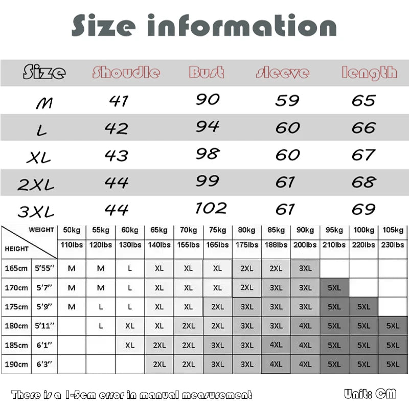 Størrelsesguide tabel for tøj med målinger i cm: skulder, bryst, ærme, længde. Størrelser fra M til 3XL. Inkluderer vægt- og højdeanbefalinger.