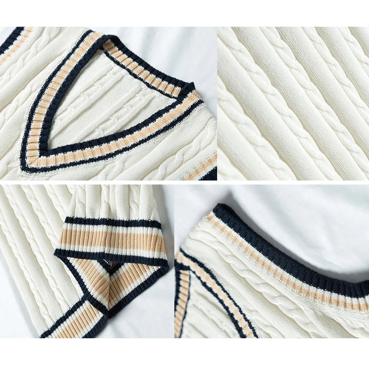 Hvid strikket sweater med V-hals, marineblå og beige striber, kabelstrik mønster. Moderne herremode, stilfuldt design, komfortabelt tøj.