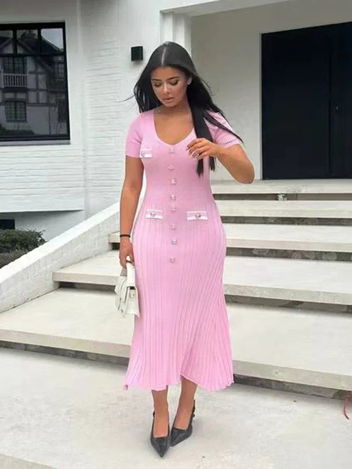 Camille | Φόρεμα bodycon από πλεκτό με V-ντεκολτέ και κομψό κούμπωμα με κουμπιά