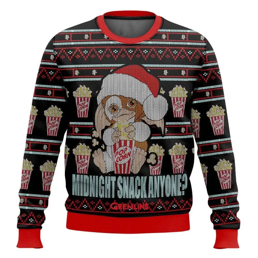 Julesweater med Gremlins-motiv, featuring Gizmo i nissehue, popcorn og sodavand. Tekst: "Midnight Snack Anyone?" Perfekt til julefest.