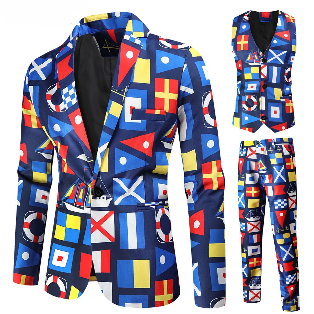 Farverig jakkesæt med geometriske mønstre i blå, rød, gul og hvid. Moderne design, ideelt til festlige lejligheder. Unikt herretøj.
