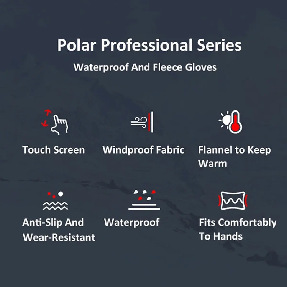 Polar Professional Series handsker: Touchscreen, vindtæt stof, flannel for varme, skridsikker, vandtæt, komfortabel pasform. Ideel til vinterbrug.