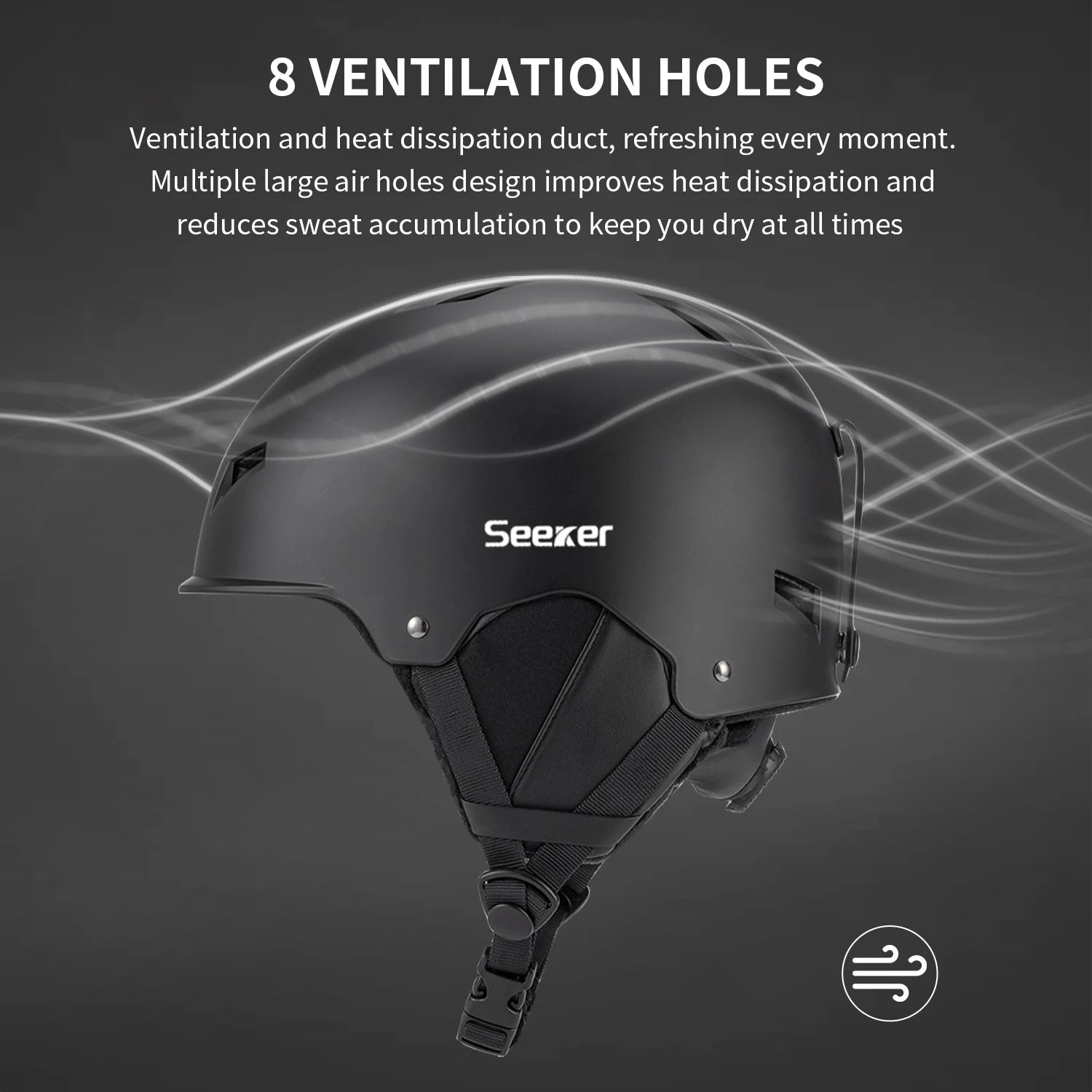 Sort cykelhjelm med 8 ventilationshuller, mærket Seeker. Designet forbedrer varmeafledning og reducerer sved, hvilket holder dig tør og komfortabel.