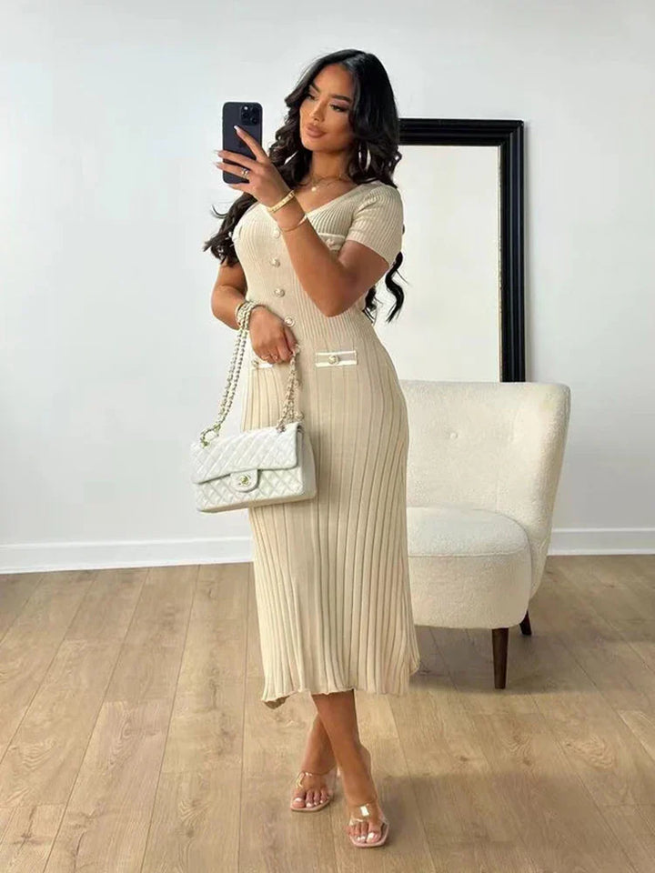 Camille | Φόρεμα bodycon από πλεκτό με V-ντεκολτέ και κομψό κούμπωμα με κουμπιά