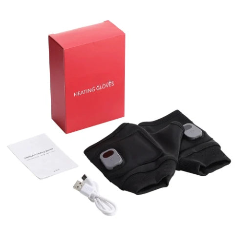 Røde opvarmningshandsker med USB-kabel og manual. Perfekt til kolde vinterdage. Ideel til udendørsaktiviteter og håndvarme.