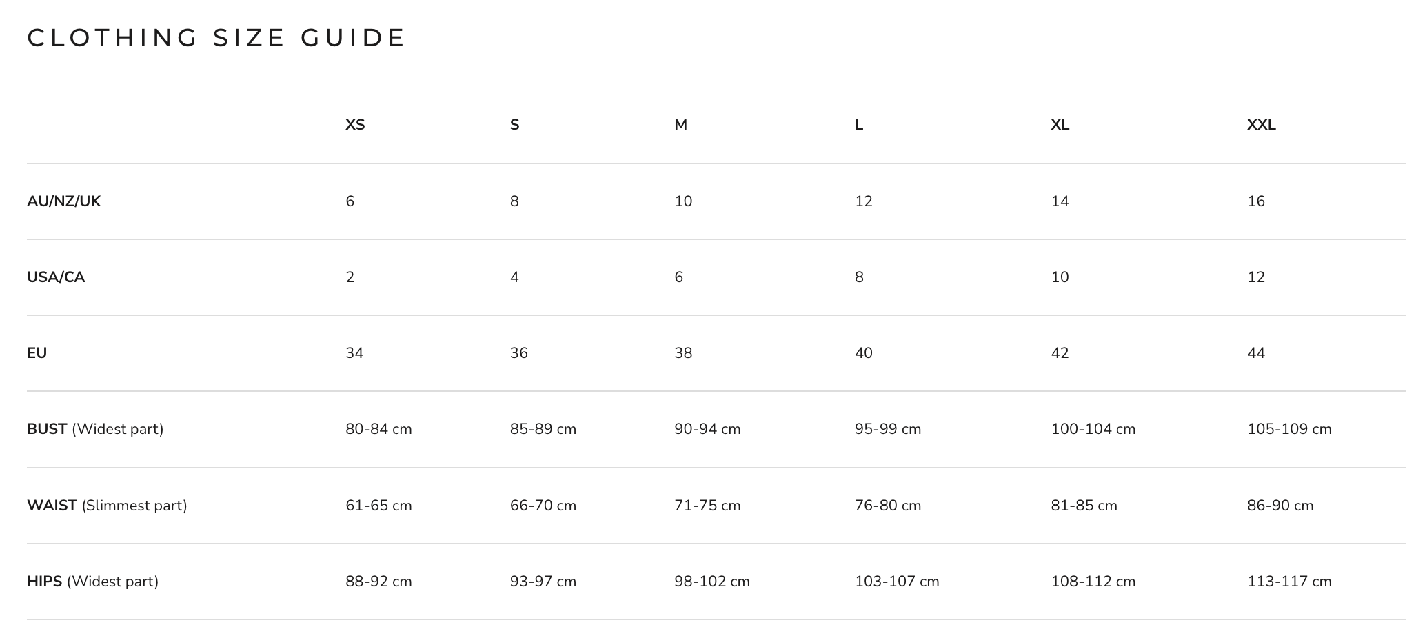 Størrelsesguide til tøj med størrelser XS til XXL, inkluderer AUNZUK, USACA og EU-mål for buste, talje og hofter. Ideel til online shopping.