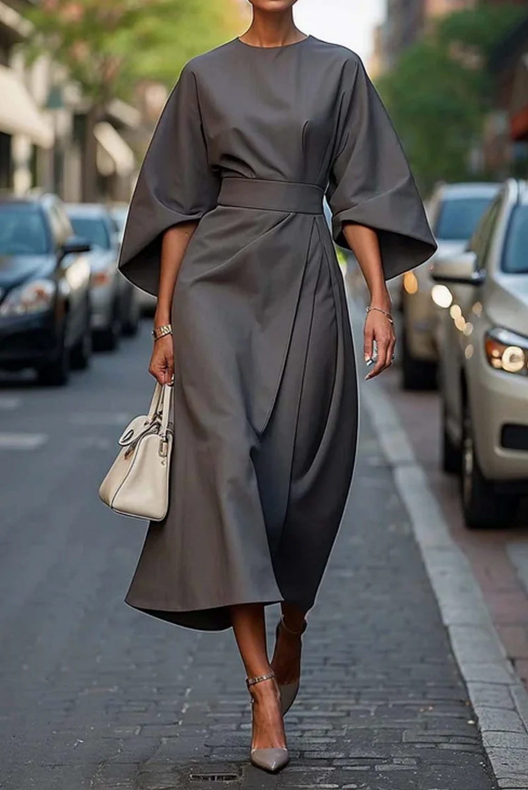 Vestido Victoria Grace com mangas de lanterna e cinto de cintura | Elegante e versátil para eventos