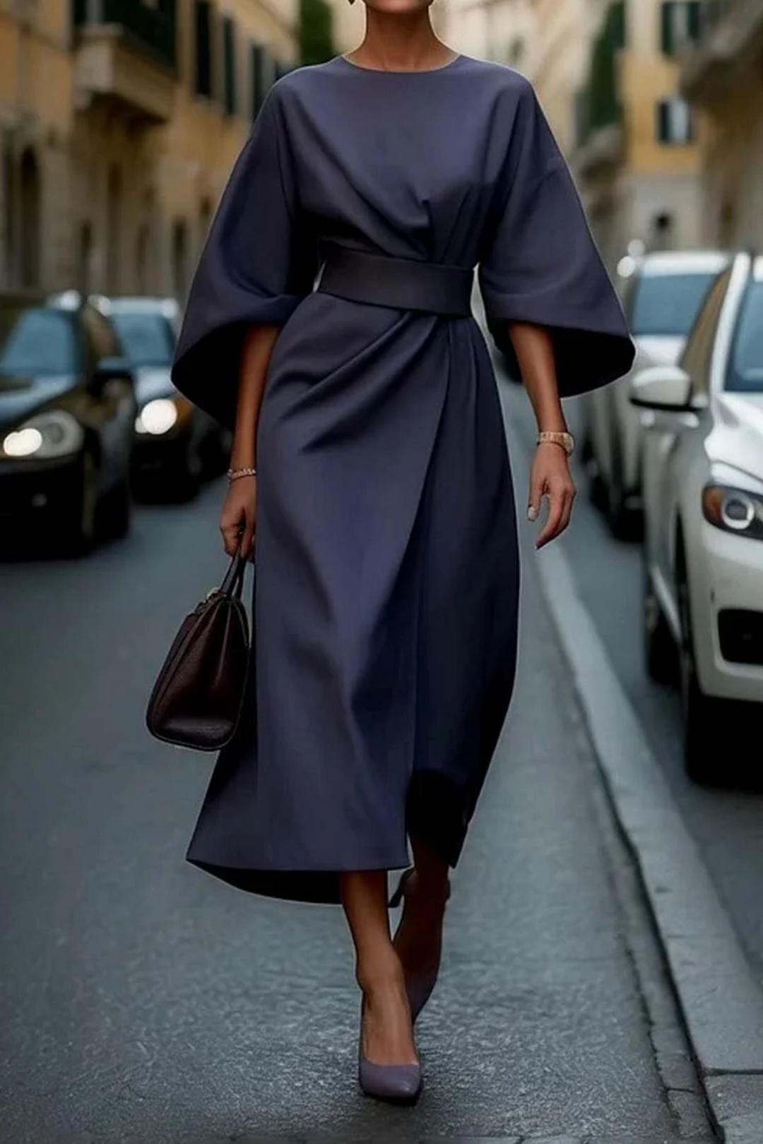 Vestido Victoria Grace com mangas de lanterna e cinto de cintura | Elegante e versátil para eventos