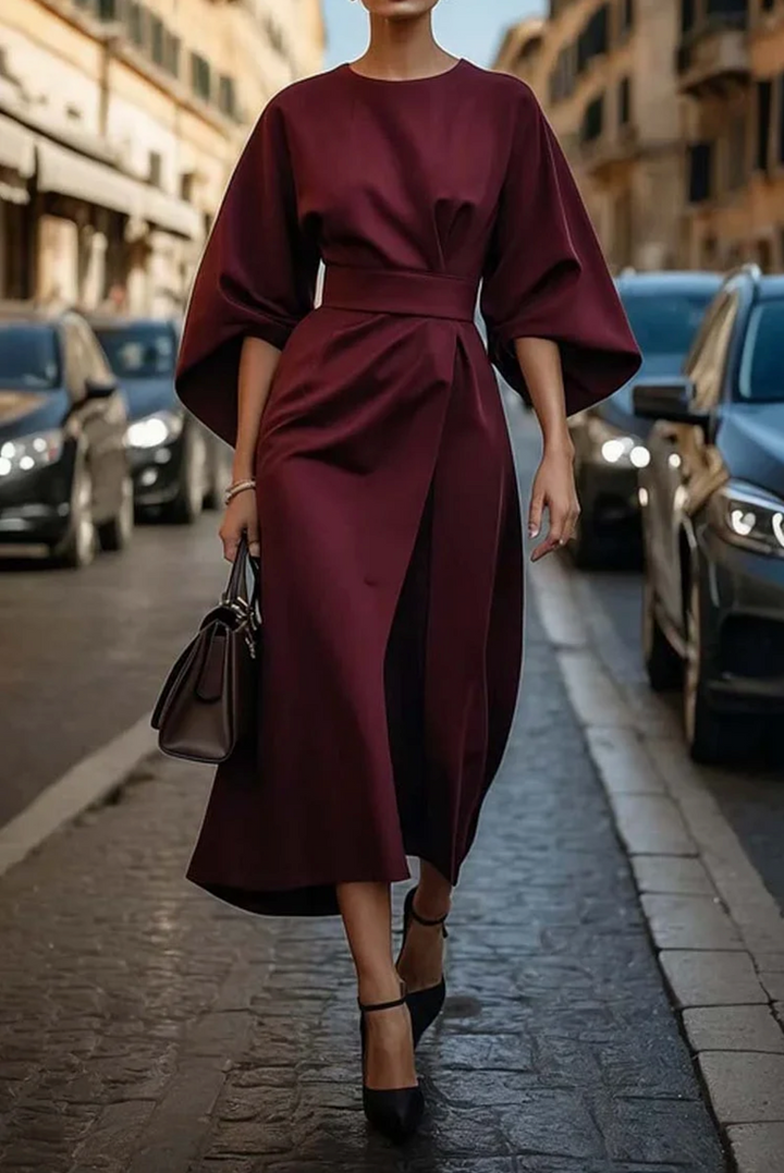 Vestido Victoria Grace com mangas de lanterna e cinto de cintura | Elegante e versátil para eventos