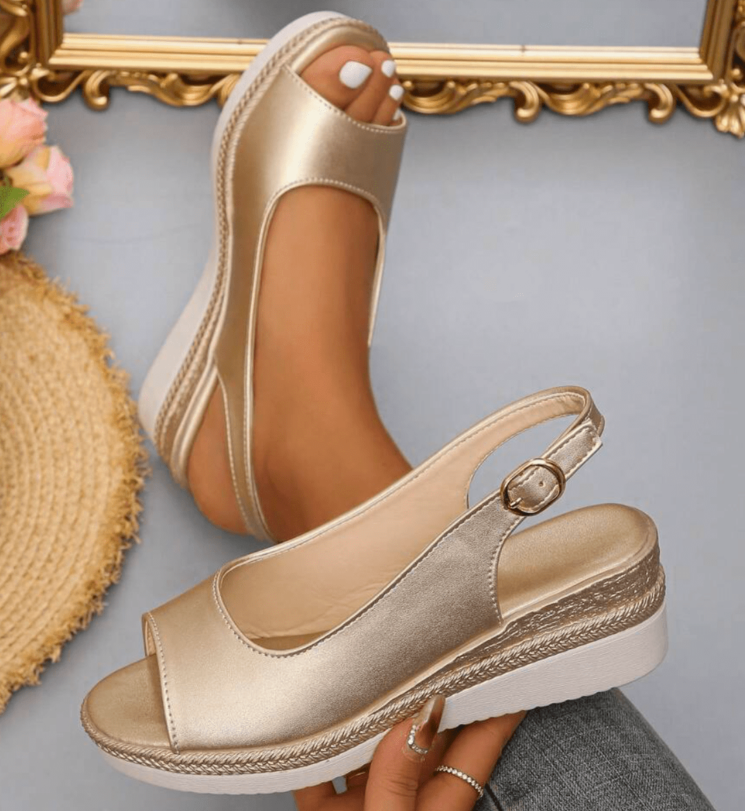 Guld sandaler med kilehæl og åben tå, justerbar rem, elegant design. Perfekt til sommermode og komfortabelt fodtøj.