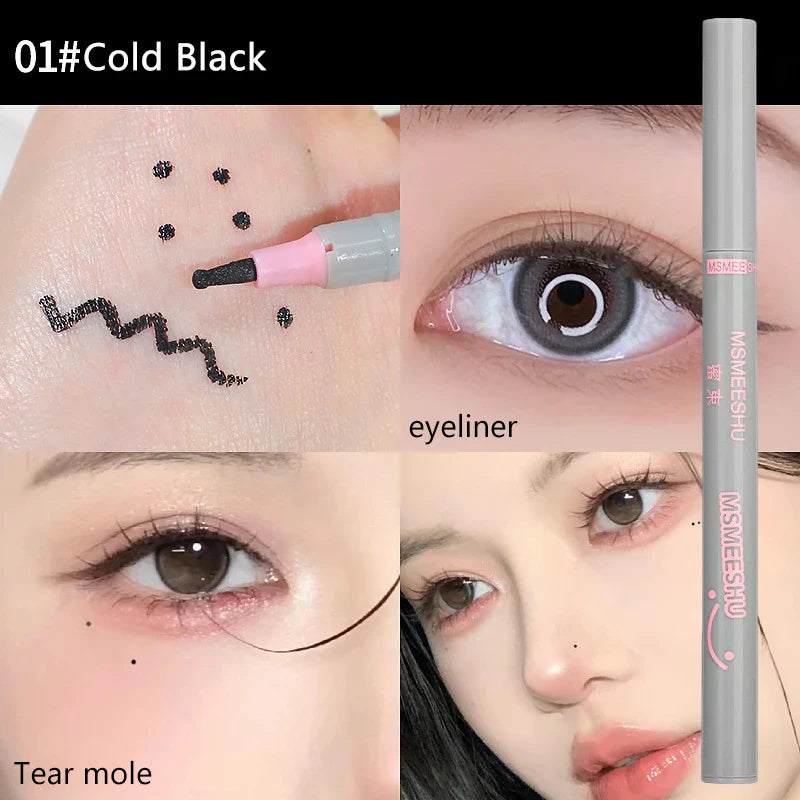 MSMEESHU eyeliner i kold sort farve, præcise linjer, tåremole makeup, nærbillede af øjne og ansigt, perfekt til dramatisk øjenlook.