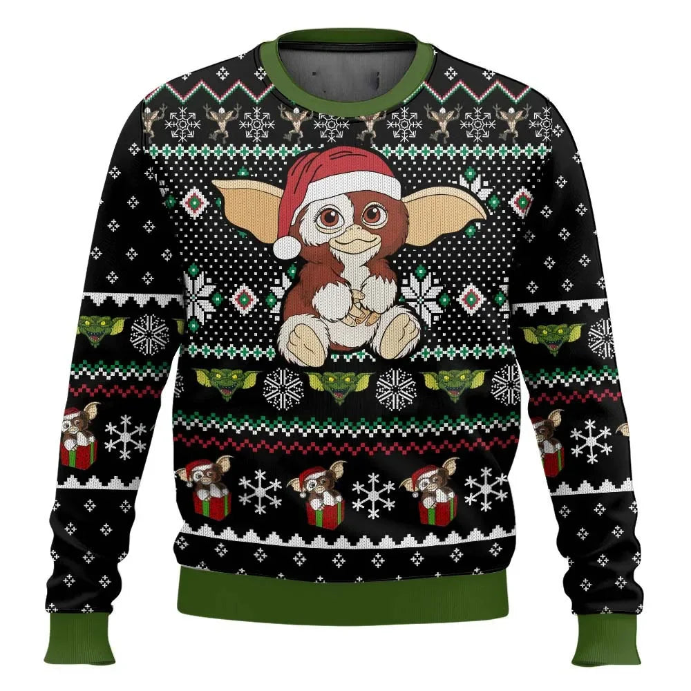 Julesweater med Gremlin-motiv, sort baggrund, snefnug, juletræer og nissehue. Perfekt til jul, sjovt og unikt design til julefester.