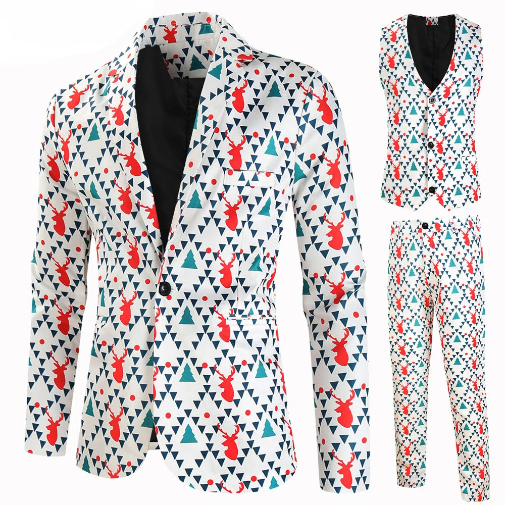 Farverig jakkesæt med geometrisk mønster, inkluderer jakke, vest og bukser. Perfekt til festlige lejligheder. Unikt design med trekant og ræv motiver.