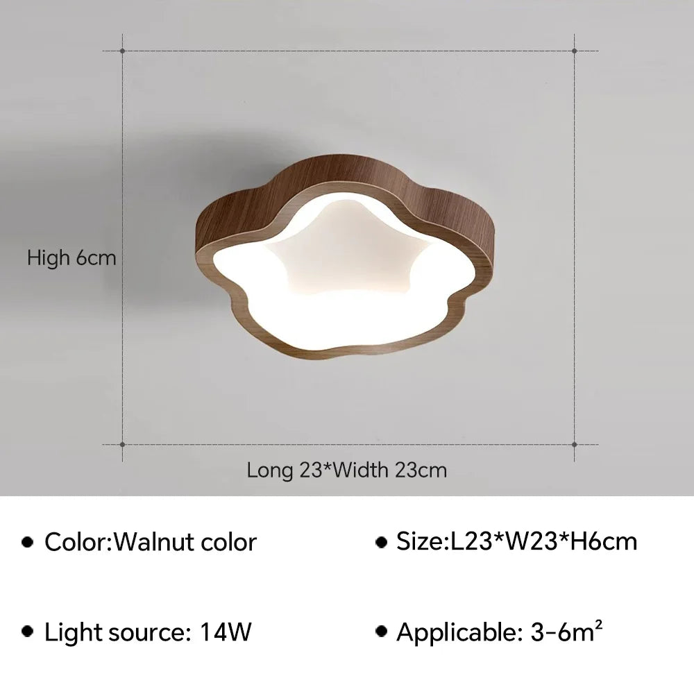 Moderne loftslampe i valnød, 14W LED, stjerneformet design, måler 23x23x6 cm. Ideel til rum på 3-6 m².