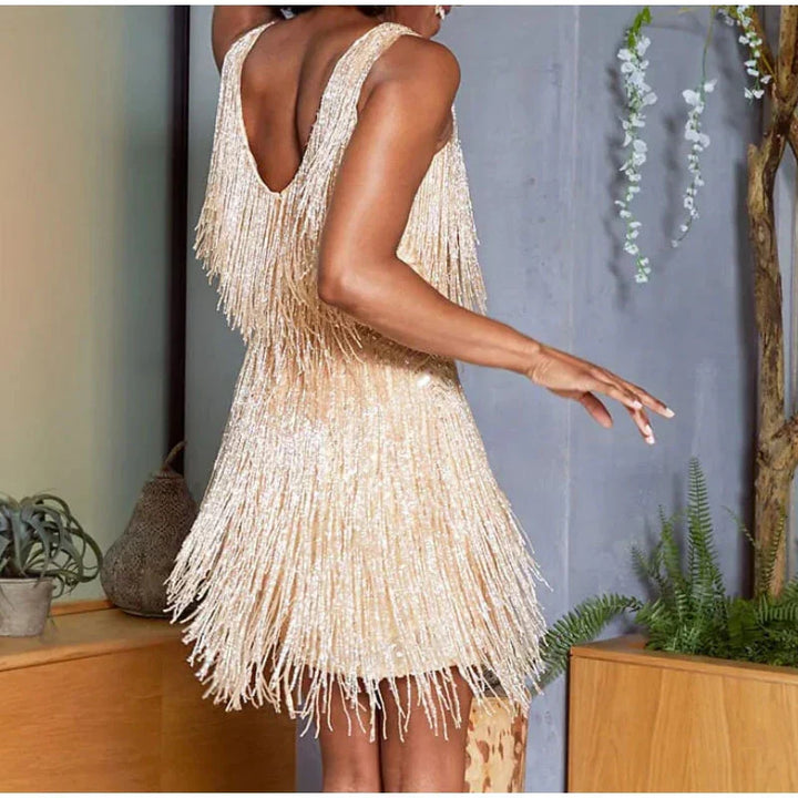 Vestido de coquetel Noelle para mulheres | Vestido de noite elegante com penas, babados e decote em V