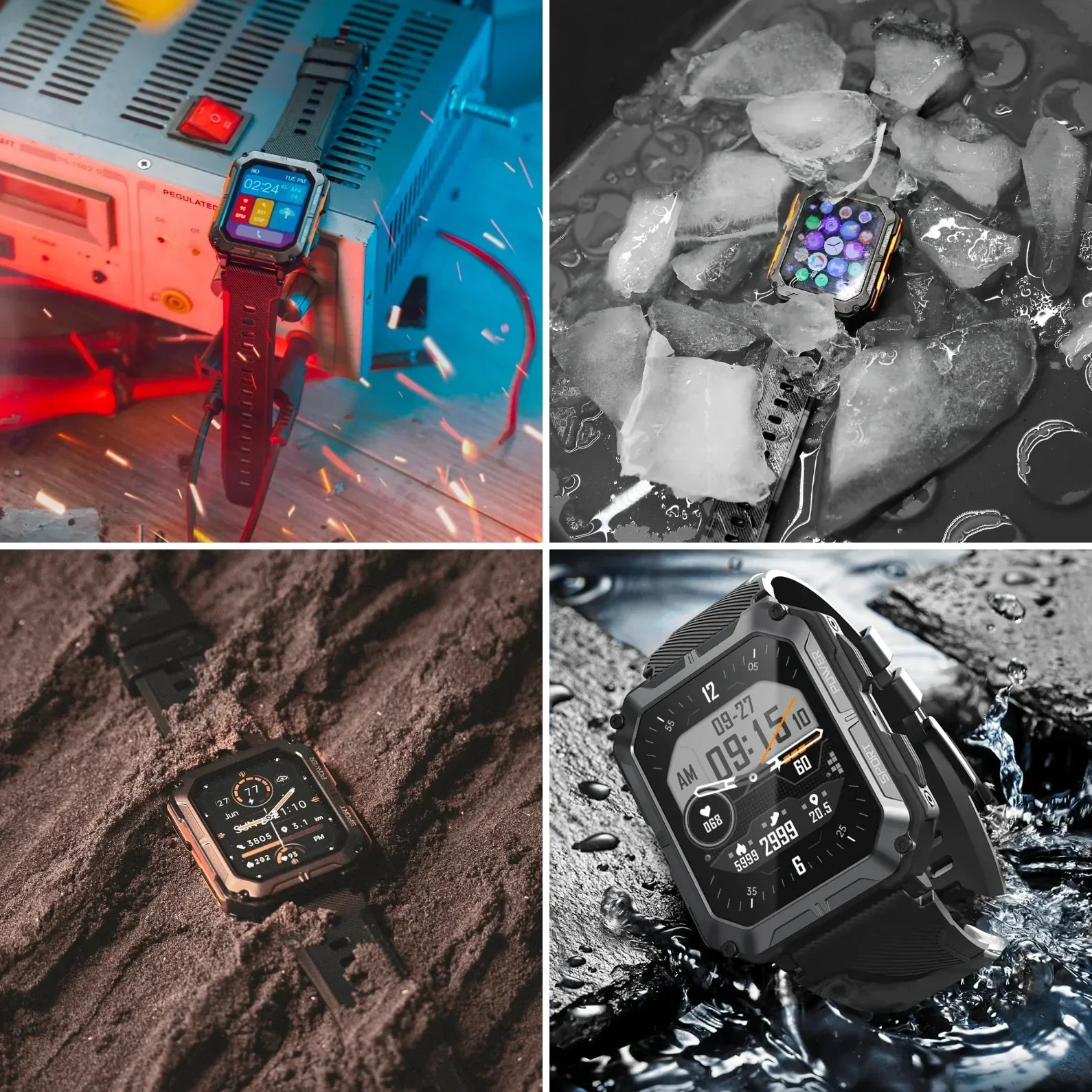Fire robuste smartwatches i forskellige miljøer: værksted, is, sand og vand. Vandtæt, stødsikker, holdbar teknologi til udendørs brug.