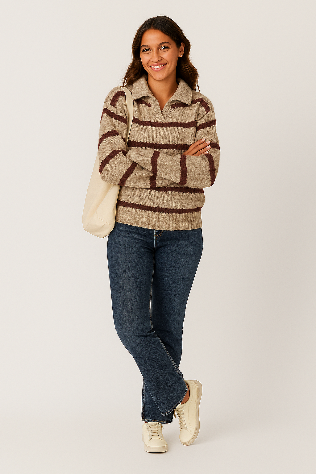 Kvinde iført stribet sweater og jeans, bærer en hvid taske. Afslappet mode, efterårslook, komfortabelt tøj. Perfekt til hverdagsbrug.