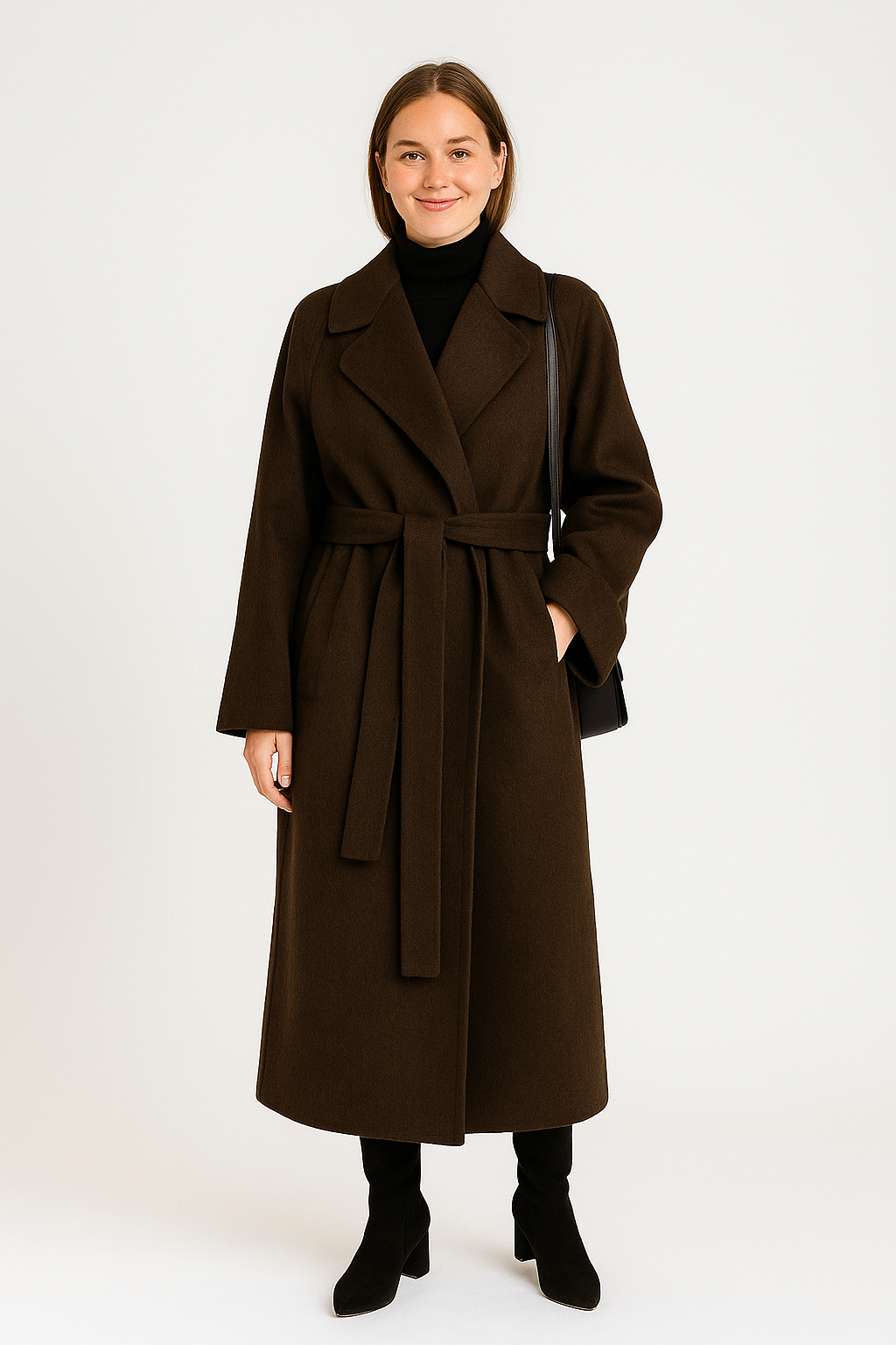 Kvinde iført lang brun frakke med bælte, sort turtleneck og sorte støvler. Perfekt til efterårsmode og stilfuldt vinteroutfit.
