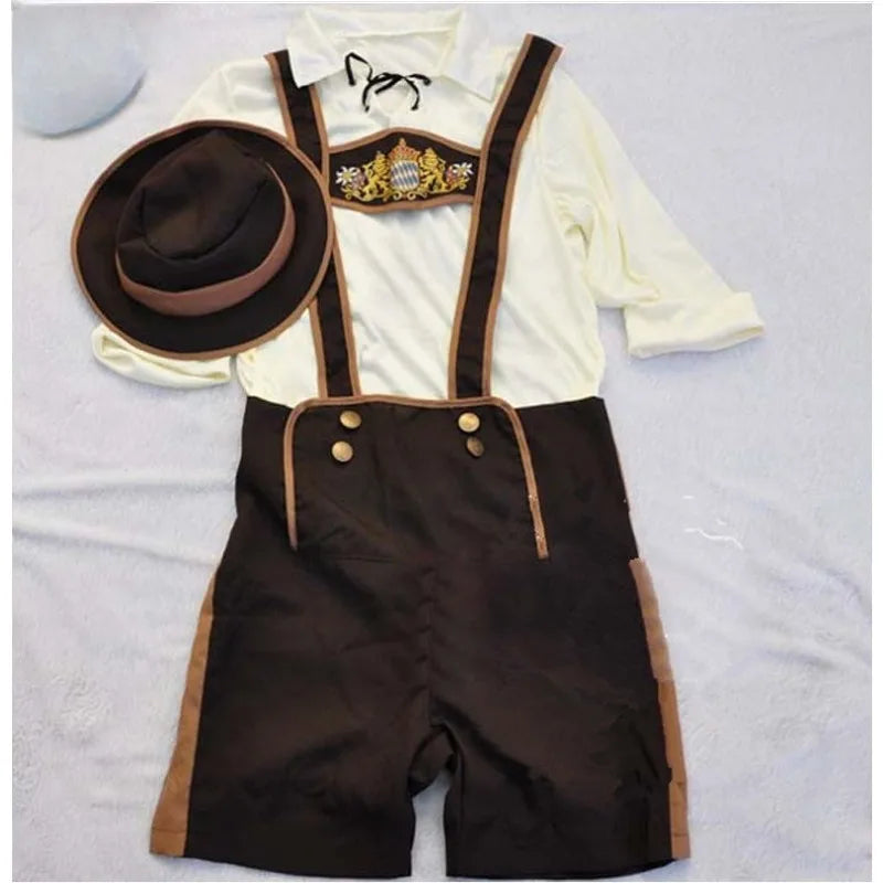 Børnelederhosen kostume med hvid skjorte, brune seler og matchende hat. Traditionelt bayersk design, perfekt til Oktoberfest eller temafester.
