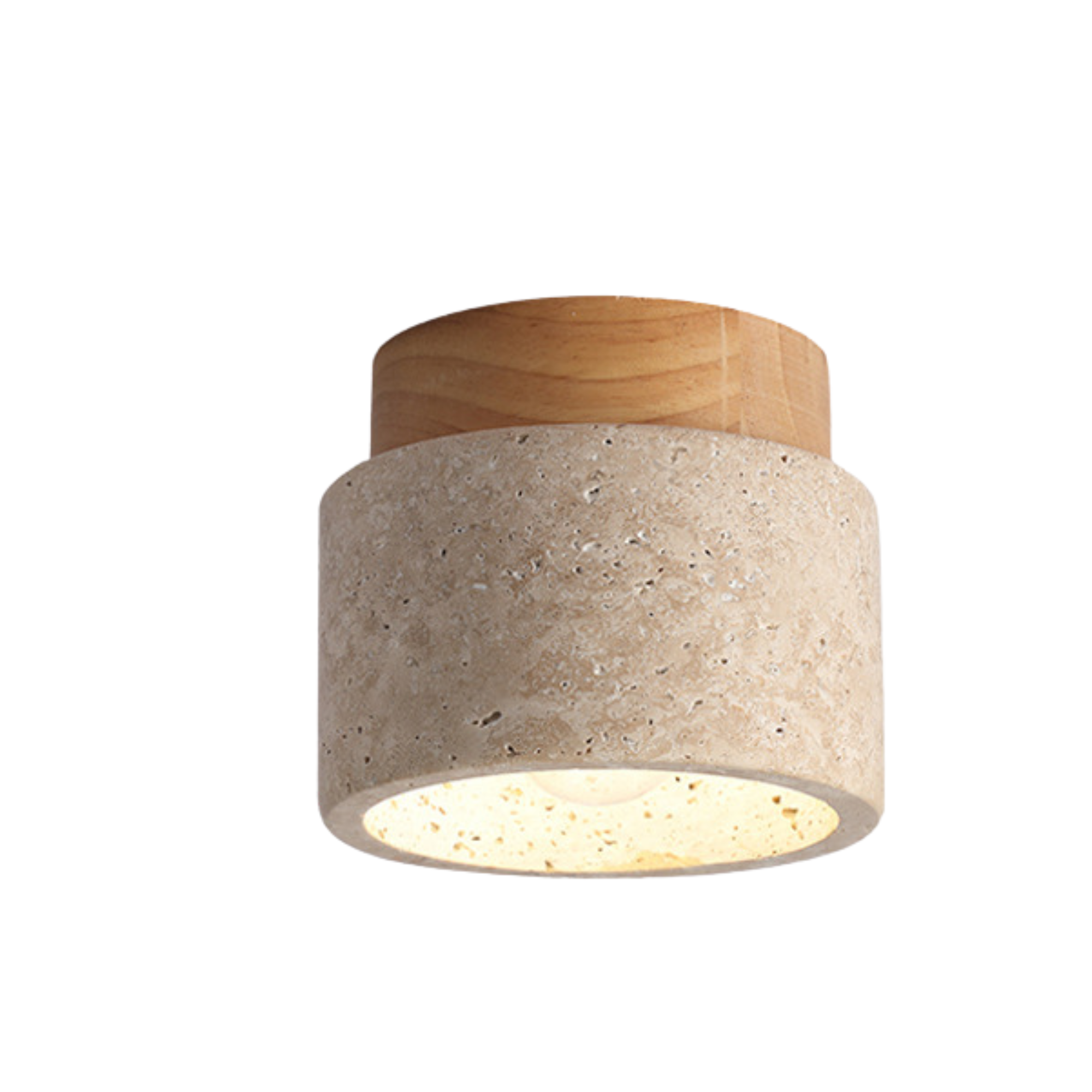 Moderne loftlampe i træ og beton, minimalistisk design, ideel til skandinavisk indretning. Perfekt til stue eller køkken. Energieffektiv belysning.