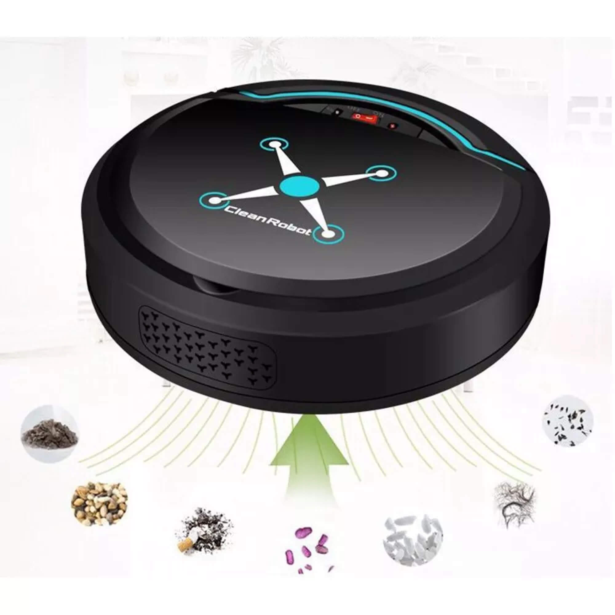 Sort robotstøvsuger med sensorer, der effektivt fjerner støv, hår og snavs fra gulvet. Ideel til hjemmerengøring. Avanceret teknologi.