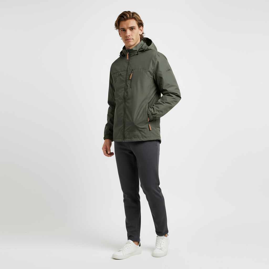 Ung mand iført grøn jakke og mørke bukser, står mod hvid baggrund. Mode, herretøj, casual stil, moderne jakke, komfortabelt outfit.