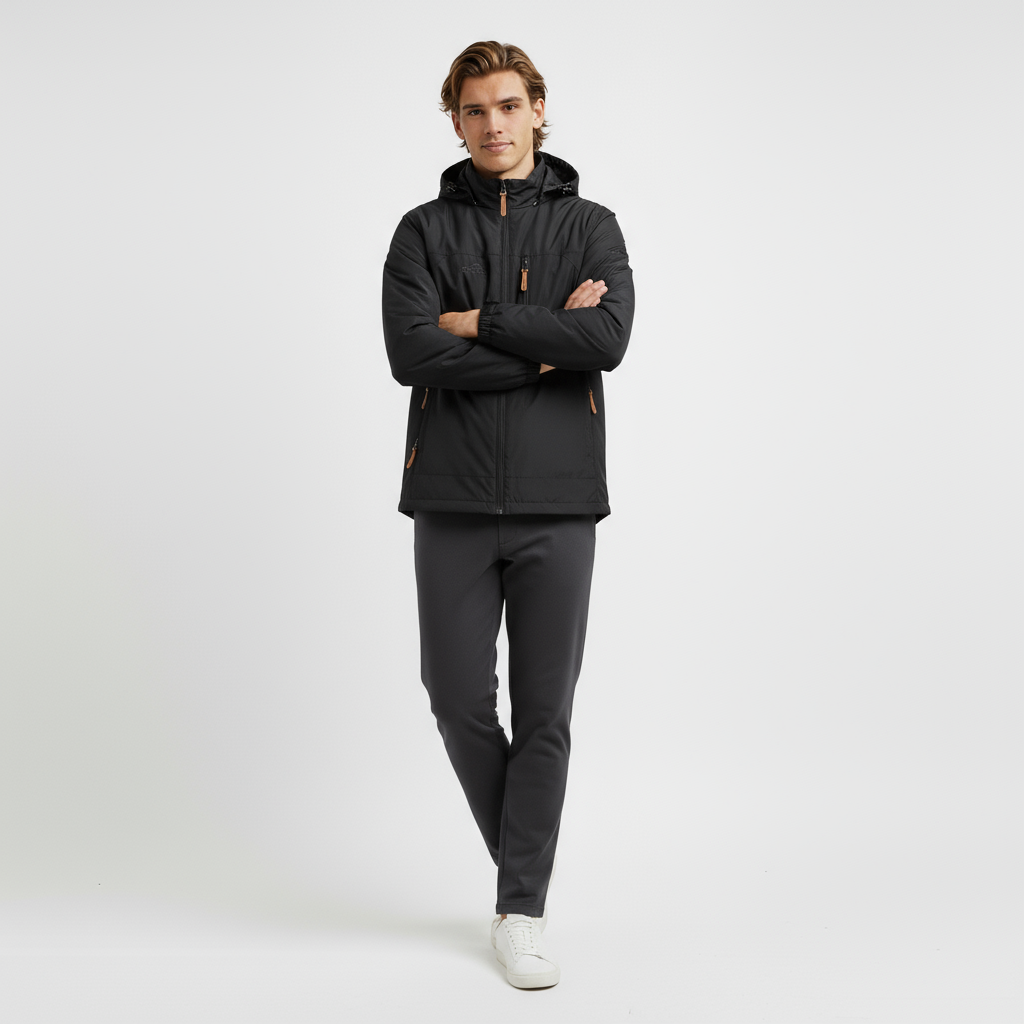 Ung mand iført sort jakke og mørke bukser, står med korslagte arme mod hvid baggrund. Mode, herretøj, stilfuldt, afslappet look.