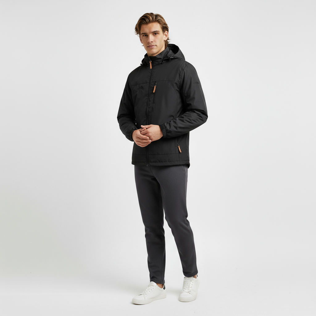 Ung mand iført sort jakke med hætte og grå bukser, står mod hvid baggrund. Mode, herretøj, vinterjakke, casual stil, moderne look.