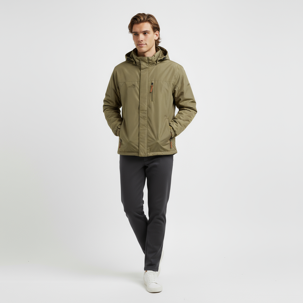 Mand iført olivengrøn jakke og mørkegrå bukser, står med hænderne i lommerne. Stilfuldt herretøj, moderne vintermode, casual look.