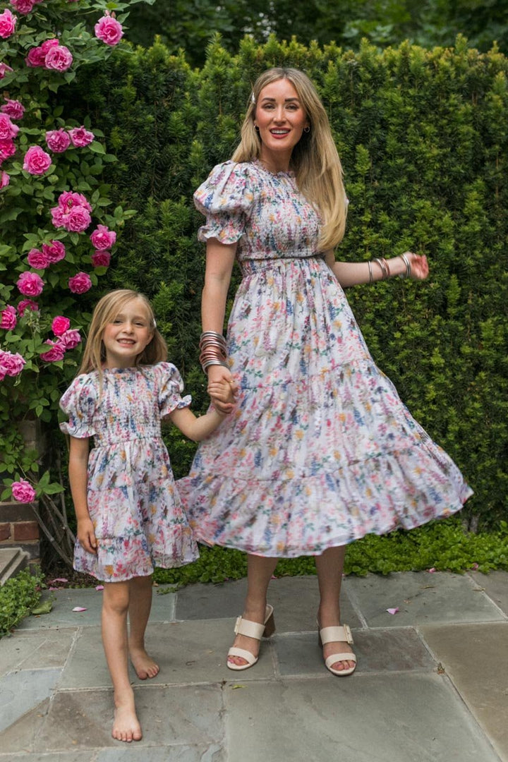 Vestido midi Cordelia para mulheres com estampa floral e corpete franzido | Arejado, feminino e adequado para gravidez