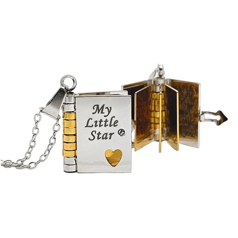 Sølv og guld bogformet vedhæng med teksten "My Little Star", hjerte og krystal, åbenbar bogdesign, kæde vedlagt. Perfekt som personlig gave.