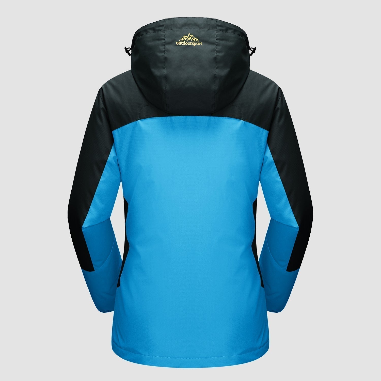 Blå og sort vandtæt jakke med hætte, designet til udendørs aktiviteter. Ideel til vandreture og friluftsliv. Komfortabel og slidstærk.