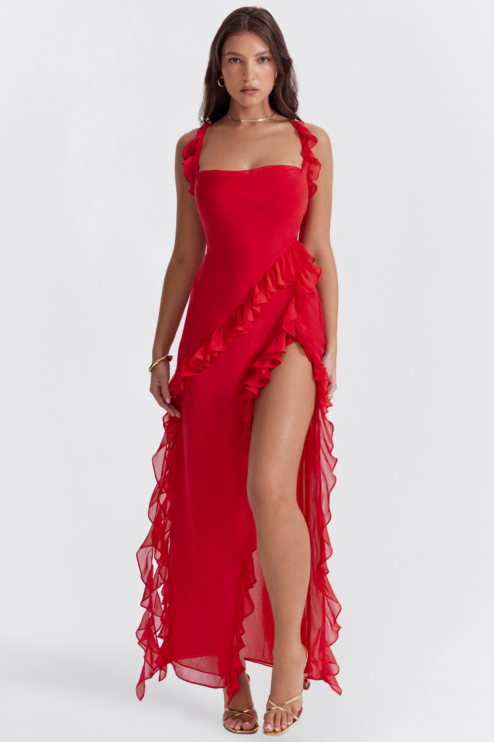 Vestido feminino elegante de Ariella com babados e design arejado | Festivo e figura lisonjeira