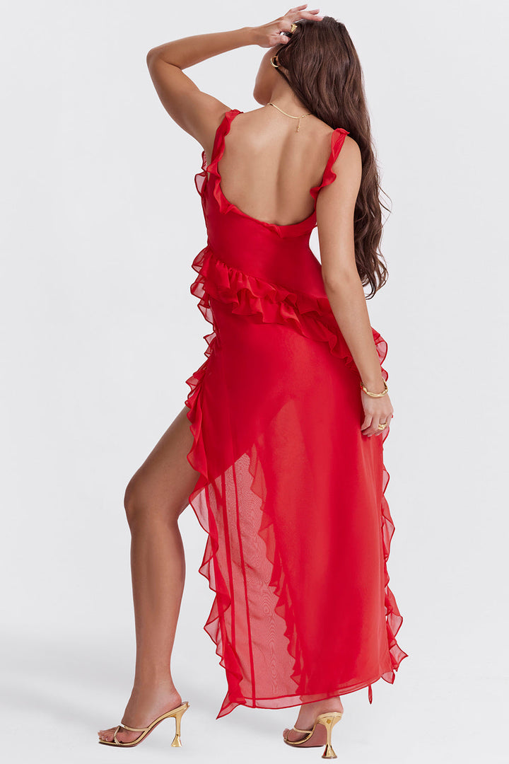 Vestido feminino elegante de Ariella com babados e design arejado | Festivo e figura lisonjeira