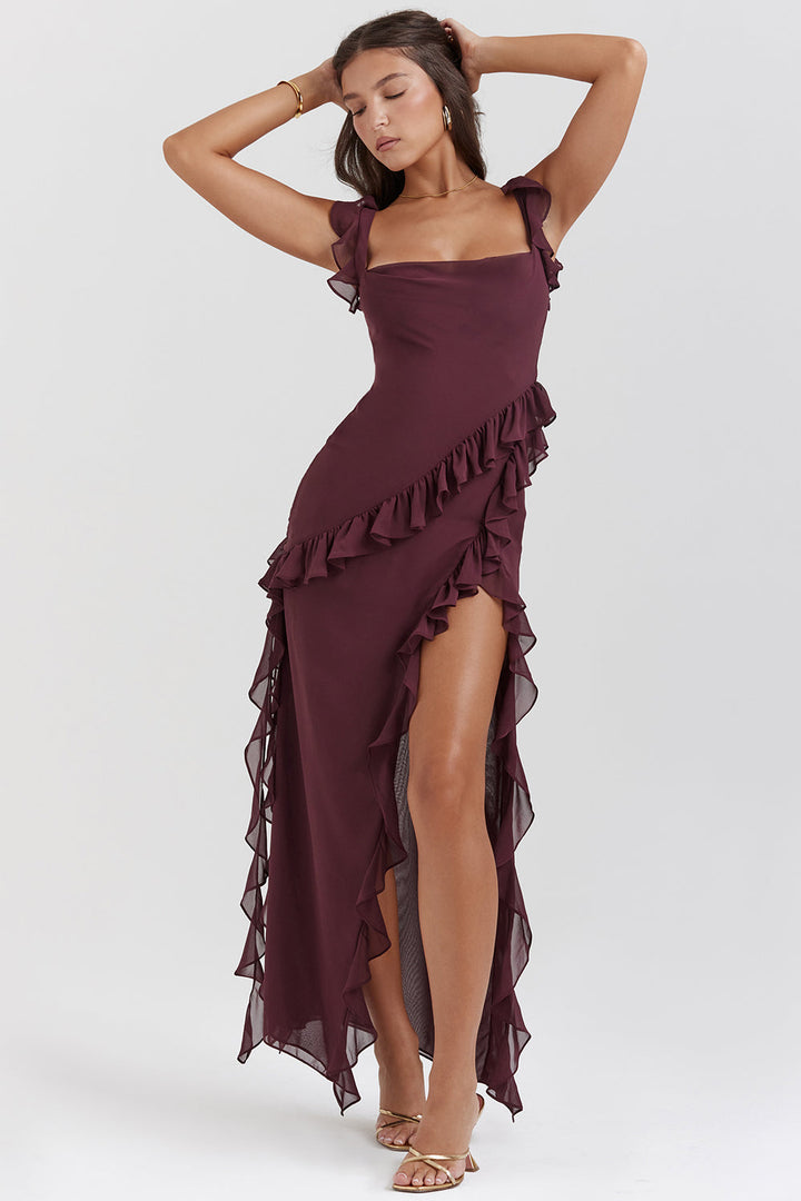 Vestido feminino elegante de Ariella com babados e design arejado | Festivo e figura lisonjeira