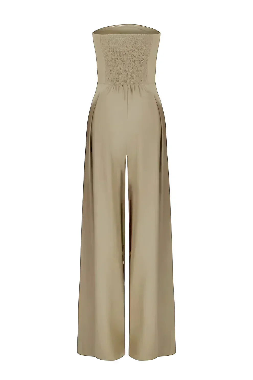 Beige stropløs buksedragt med elastisk talje og brede ben. Elegant jumpsuit til kvinder, perfekt til sommermode og afslappet stil.
